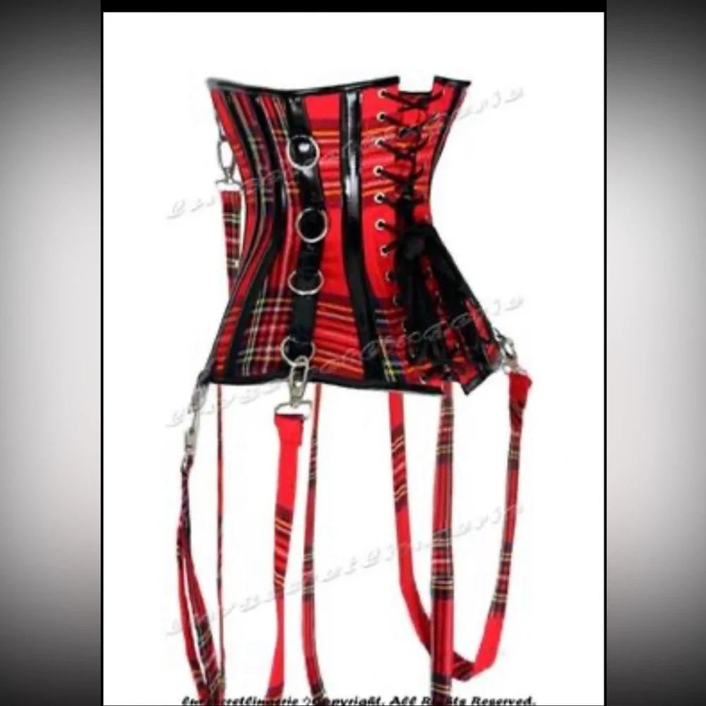 26 Double Steel Boned Waist Training Faux Leather Tartan Underbust Corset - Picture 2 of 2